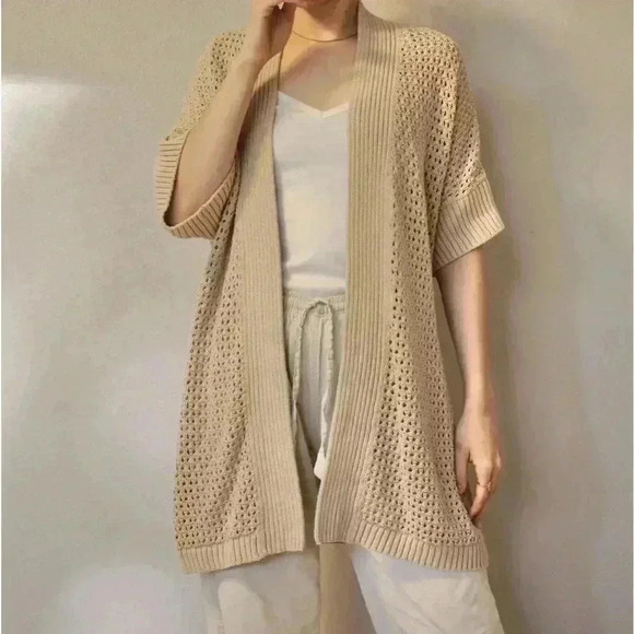 Lauren Conrad Cardigan Sweater Size Medium Open Front Tan waist Tie Knit - Picture 6 of 14